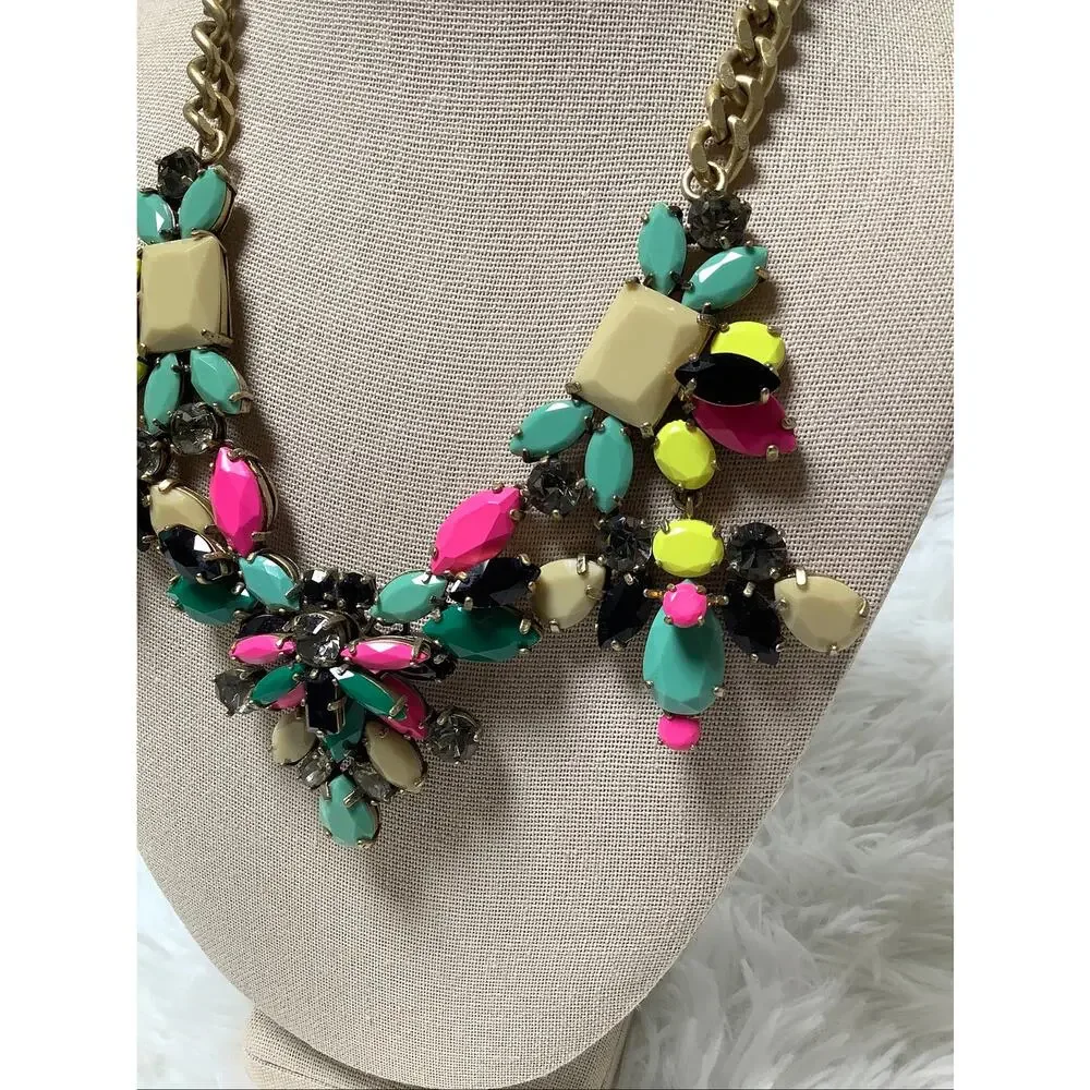 J.Crew Gold Tone Mixed Crystal Statement Bib Necklace Vintage Whimsigoth F15-23